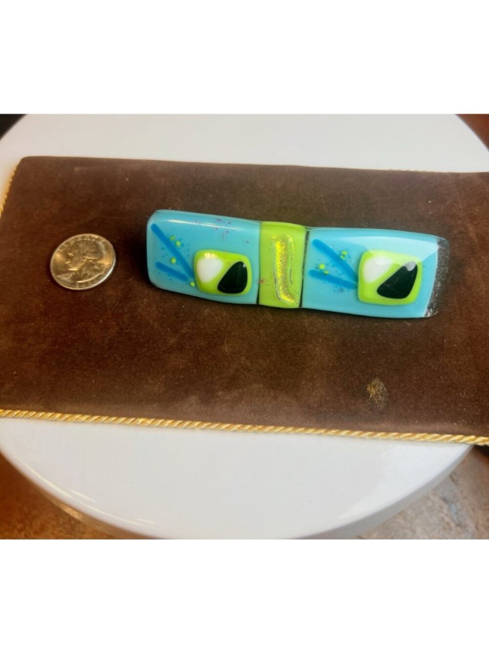 Handmade French Blue & Green Glass Hair Clip Barrette 4 Inches Made in France - Picture 6 of 7